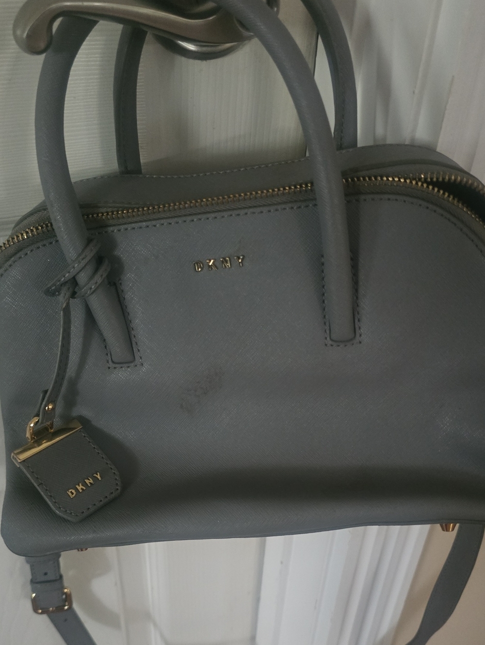 DKNY Slate Gray Dome Satchel with Gold Hardware
